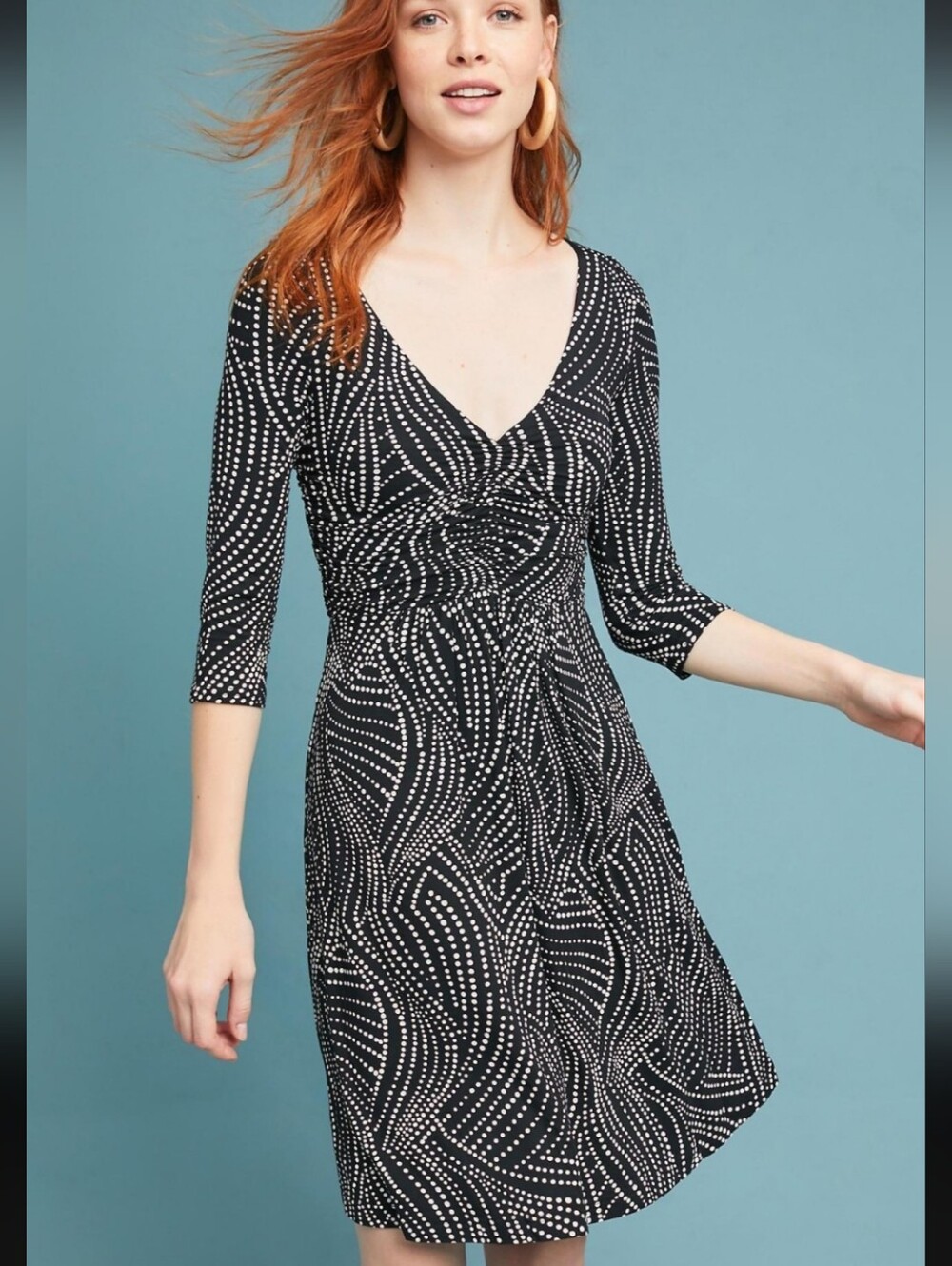 Maeve Black Dress Size Large Cream Dot Swirl Dot Print